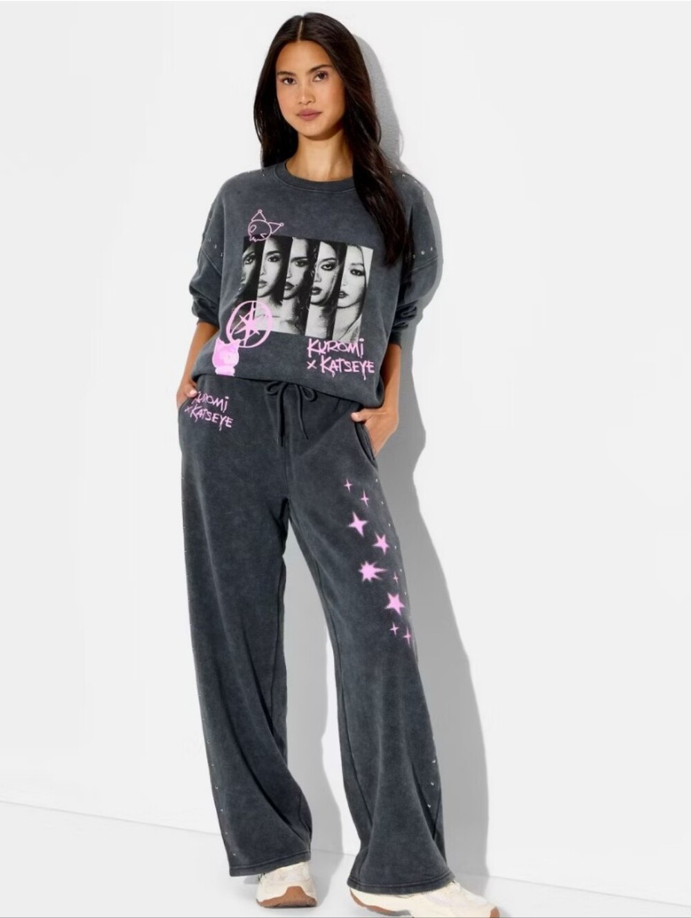 NWT Katseye X Kuromi Women's Graphic Pull-On Pants - Black Wash XL